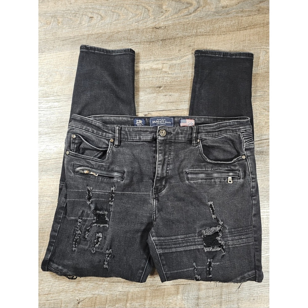 Damati Jeans W40 Black Distressed Moto Biker Jeans Zipper Pocket‎ Streetwear